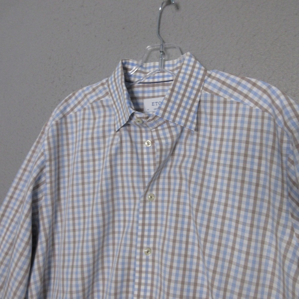 Eton Shirt Contemporary Plaid‎ Blue Brown Long Sleeve Cotton Preppy Academia